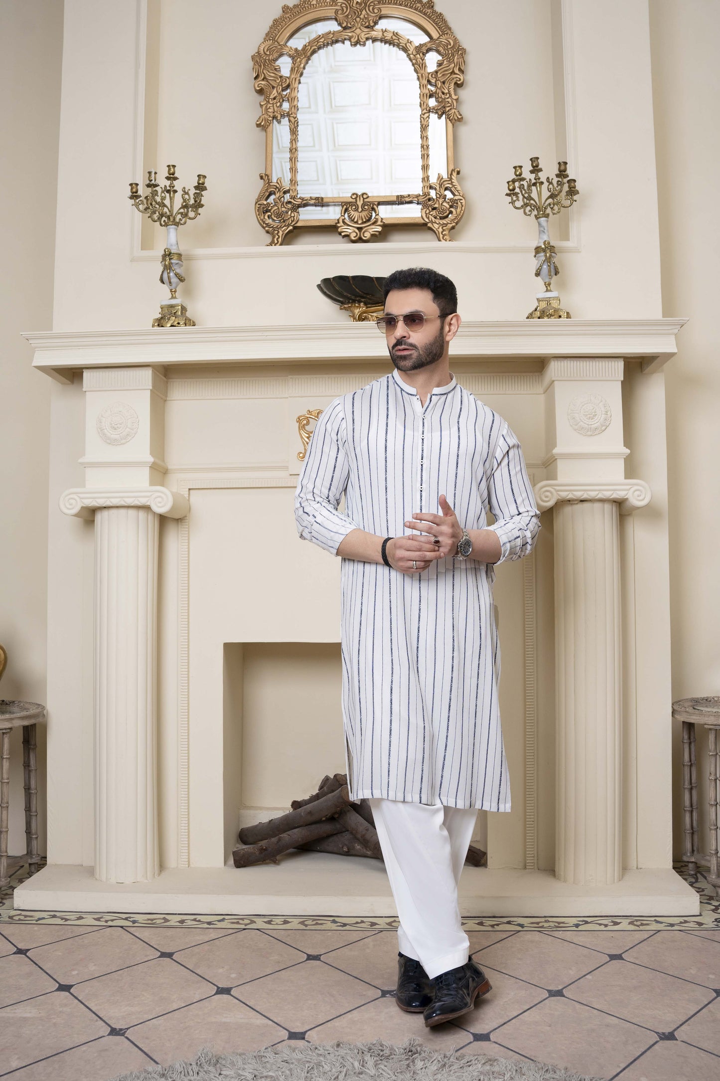 Off White Block Print Linen Kurta Trousers