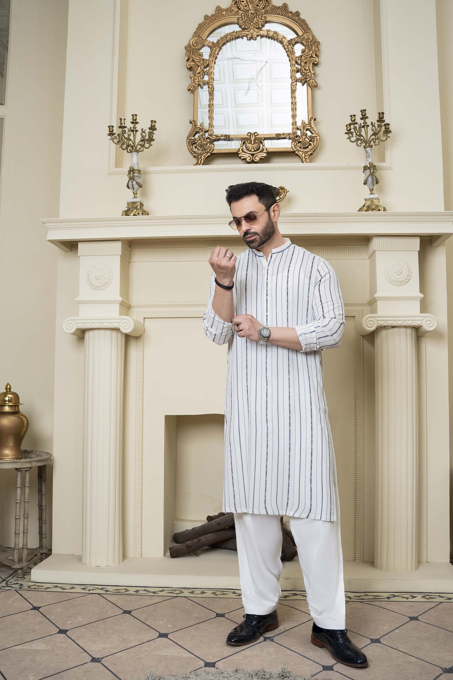 Off White Block Print Linen Kurta Trousers