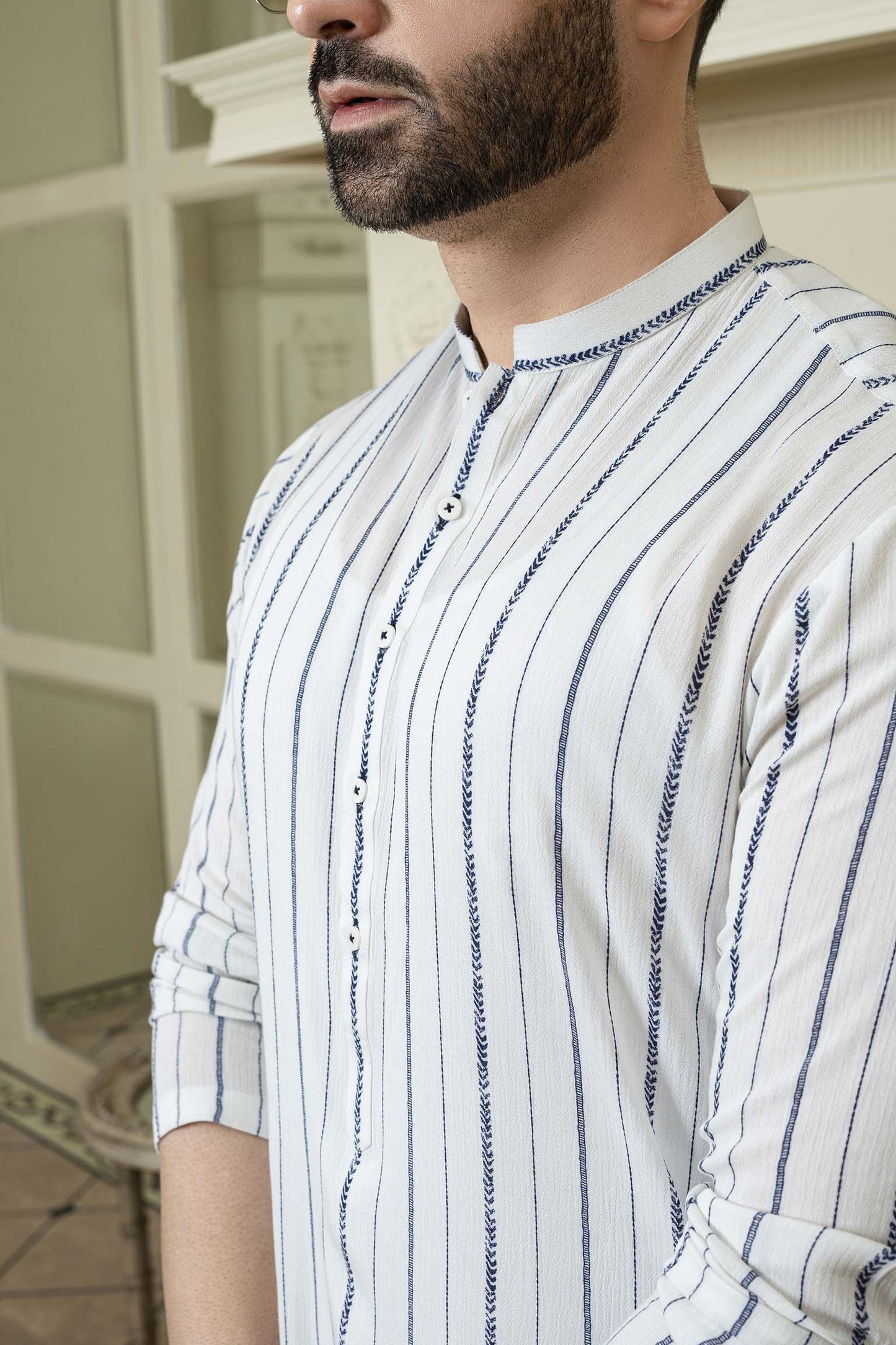 Off White Block Print Linen Kurta Trousers