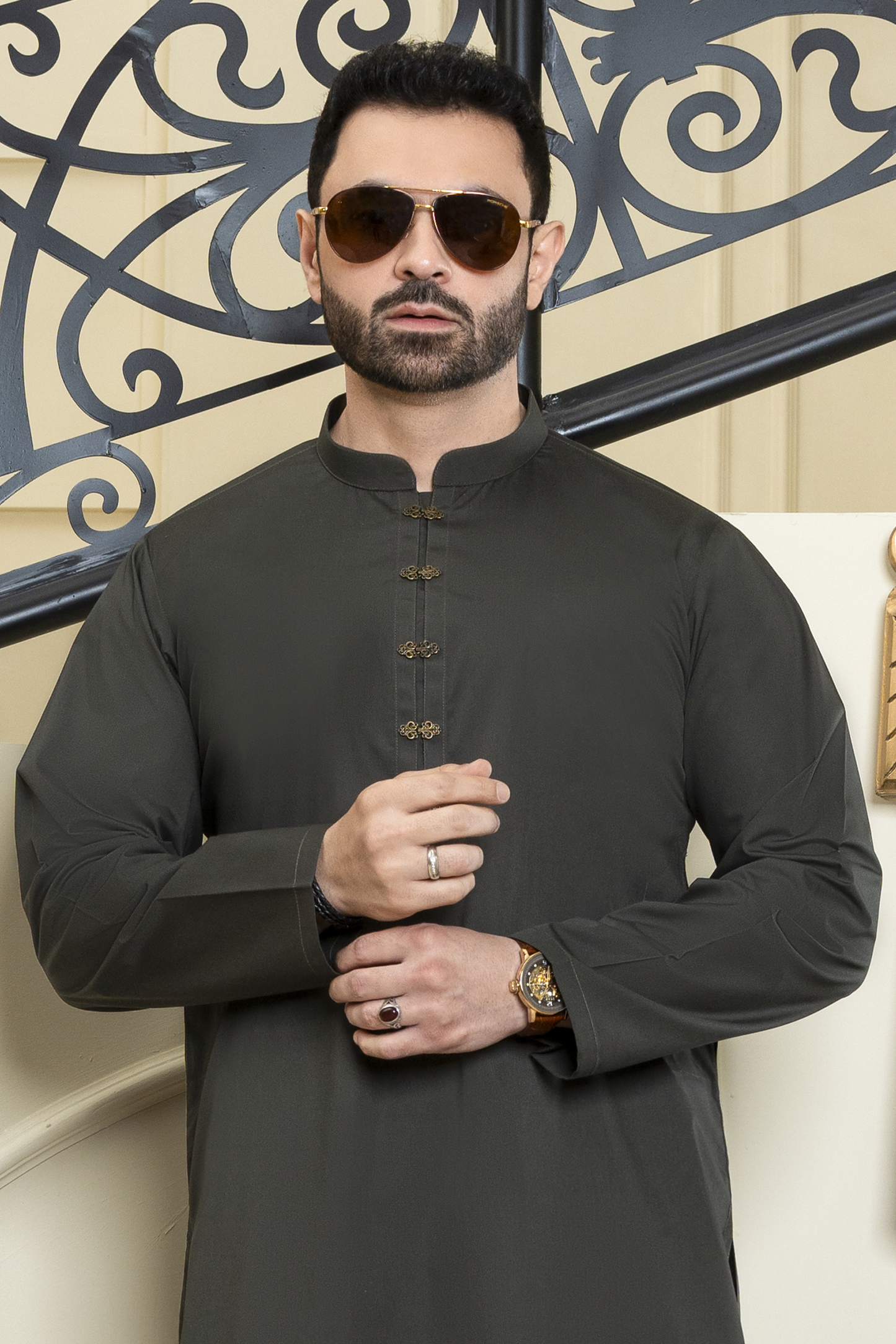 Dark Olive Cotton Kurta Shalwar Metal Brass