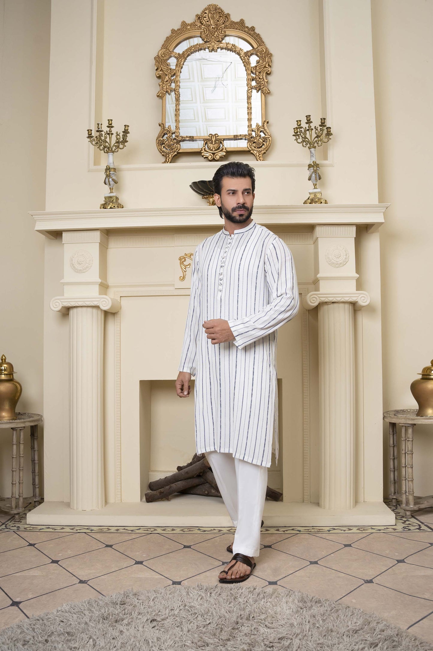 Off White Block Print Linen Kurta Trousers