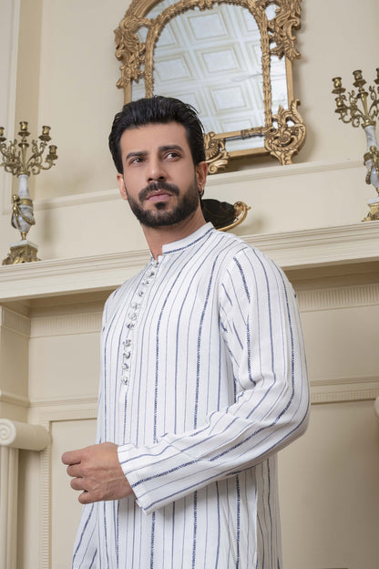 Off White Block Print Linen Kurta Trousers