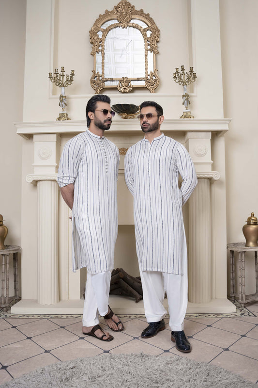 Off White Block Print Linen Kurta Trousers