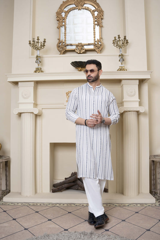 Off White Block Print Linen Kurta Trousers