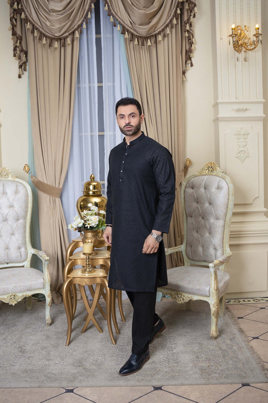 Black Broshiya Cotton Kurta Trouser Greek Block Print
