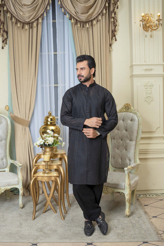 Black Broshiya Chikankari Cotton Kurta Shalwar