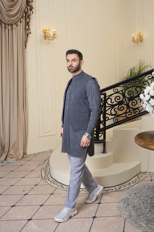 Gray Printed Kurta and Jacket  With Wartical Line Pent