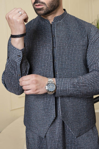 Gray Printed Kurta and Jacket  With Wartical Line Pent