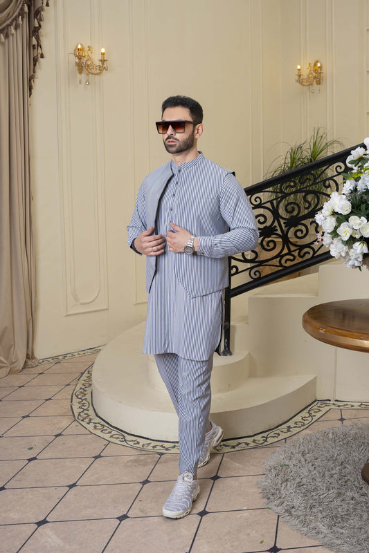 Gray Vertical Line Print  Kurta and Jacket With Pent