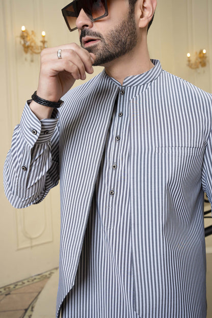 Gray Vertical Line Print  Kurta and Jacket With Pent