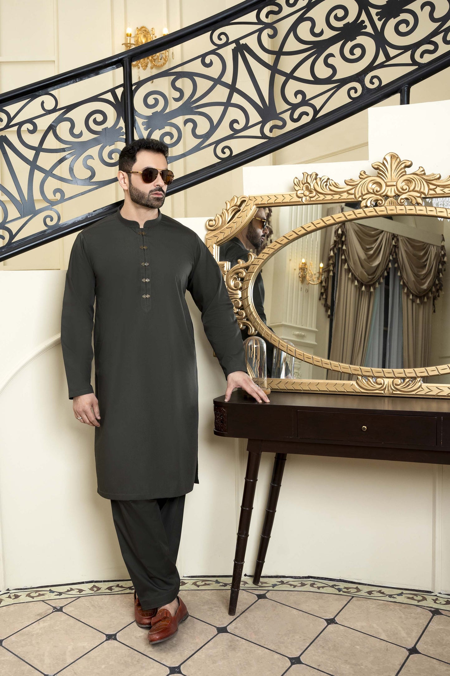Dark Olive Cotton Kurta Shalwar Metal Brass