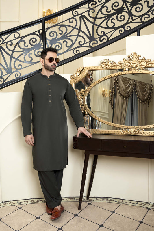 Dark Olive Cotton Kurta Shalwar Metal Brass