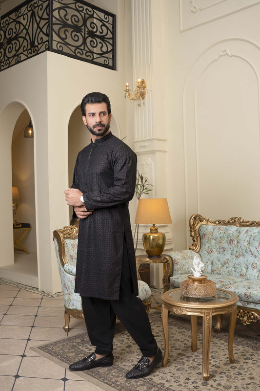 Black Soft Cotton Chikankari Kurta Shalwar